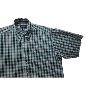 Andhurst Men's LT Green & Black Plaid Short Sleeve Button Shirt Lightweight EUC
